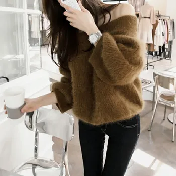 

Winter Women Pullover Thicken Loose Sweaters Solid Color Off The Shoulder Lantern Sleeves Knit Slash Neck Sweater