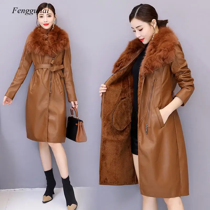 Winter Women Elegant Slim Long Pu Leather Jacket Female Warm Artifical Fur Collar Manteau Femme Hiver Chaqueta Cuero Mujer Coat luxurious fur collar denim jacket long sleeved fleece female casual winter warm coat women overcoat plush jackets chaqueta mujer