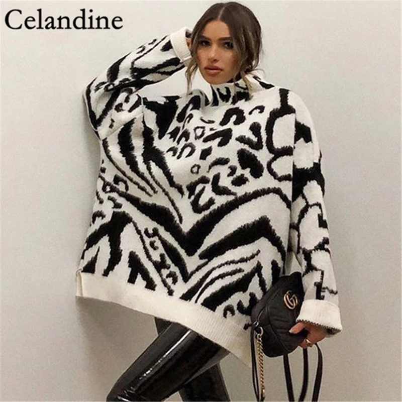 Модный вязаный свитер-водолазка Celandine с узором зебры женский свободный пуловер