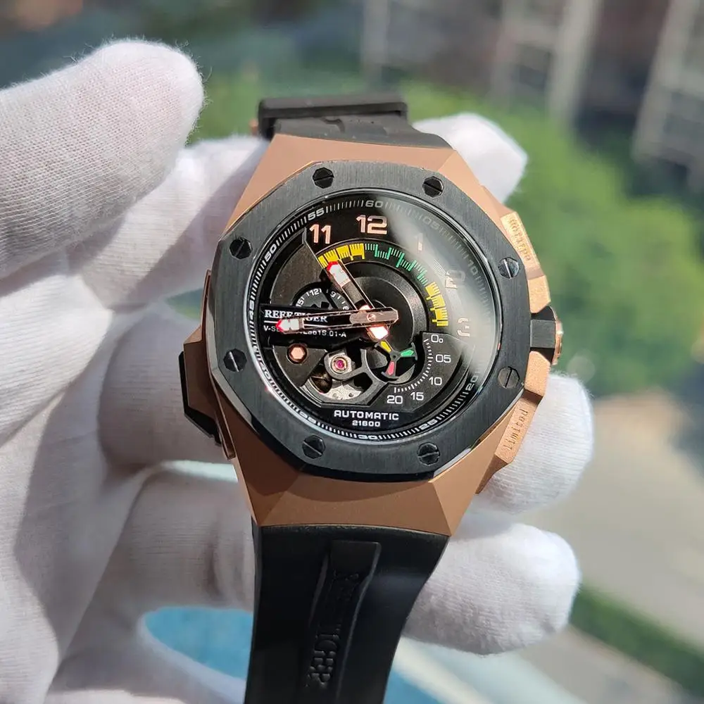 REEF TIGER RGA20S7 - Orologio Da Polso Uomo, Design Quadrato, Cassa Oro Rosa, Movimento Meccanico A Carica Automatica, Tourbillon, Quadrante Blu Con Zirconi, Impermeabile
