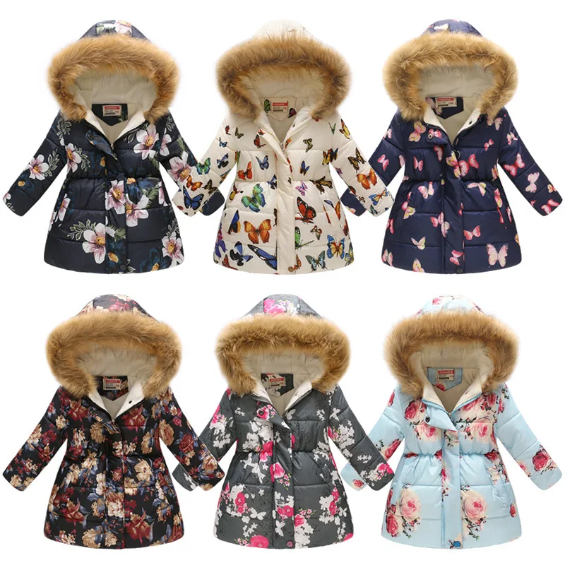 Детская зимняя одежда; теплая хлопковая верхняя одежда для маленьких девочек; пальто с бабочками и цветами; Верхняя одежда с капюшоном для девочек; зимнее пальто