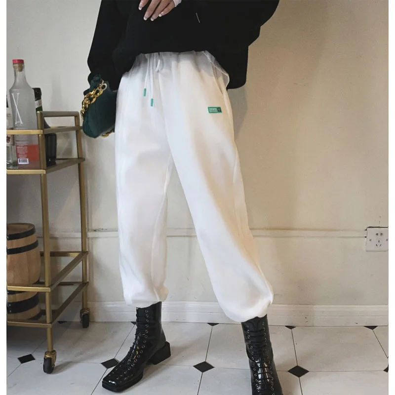 

High Quality 100% Cotton Bomber Harem Pants Warm Women Joggers Sweatpants Tracksuit for Girl Loose Caual Trousers Spring White