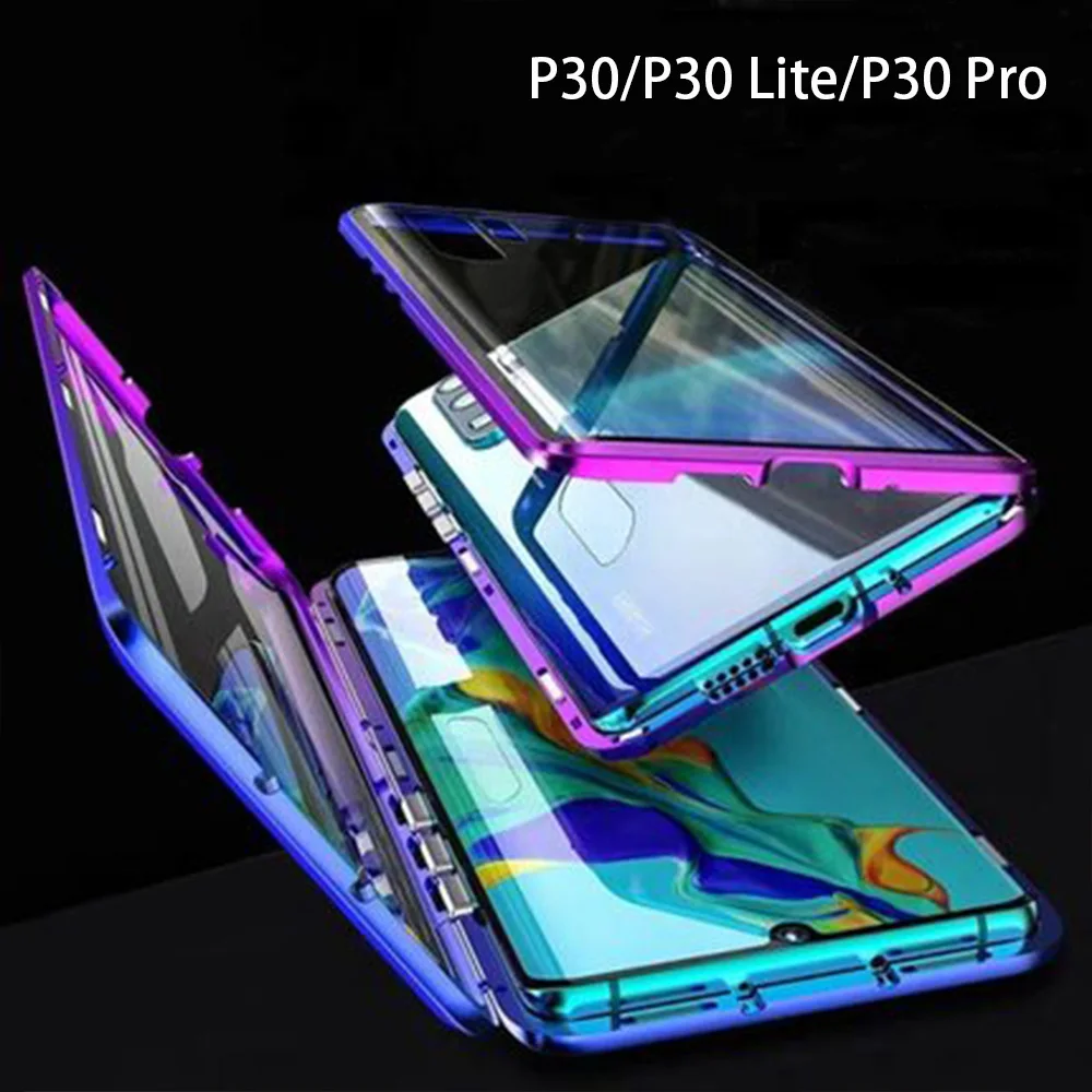 Магнитный поглощающий металлический флип-чехол для huawei P30 P30Lite P30Pro, двухсторонний чехол из закаленного стекла для huawei P30 Pro, чехол