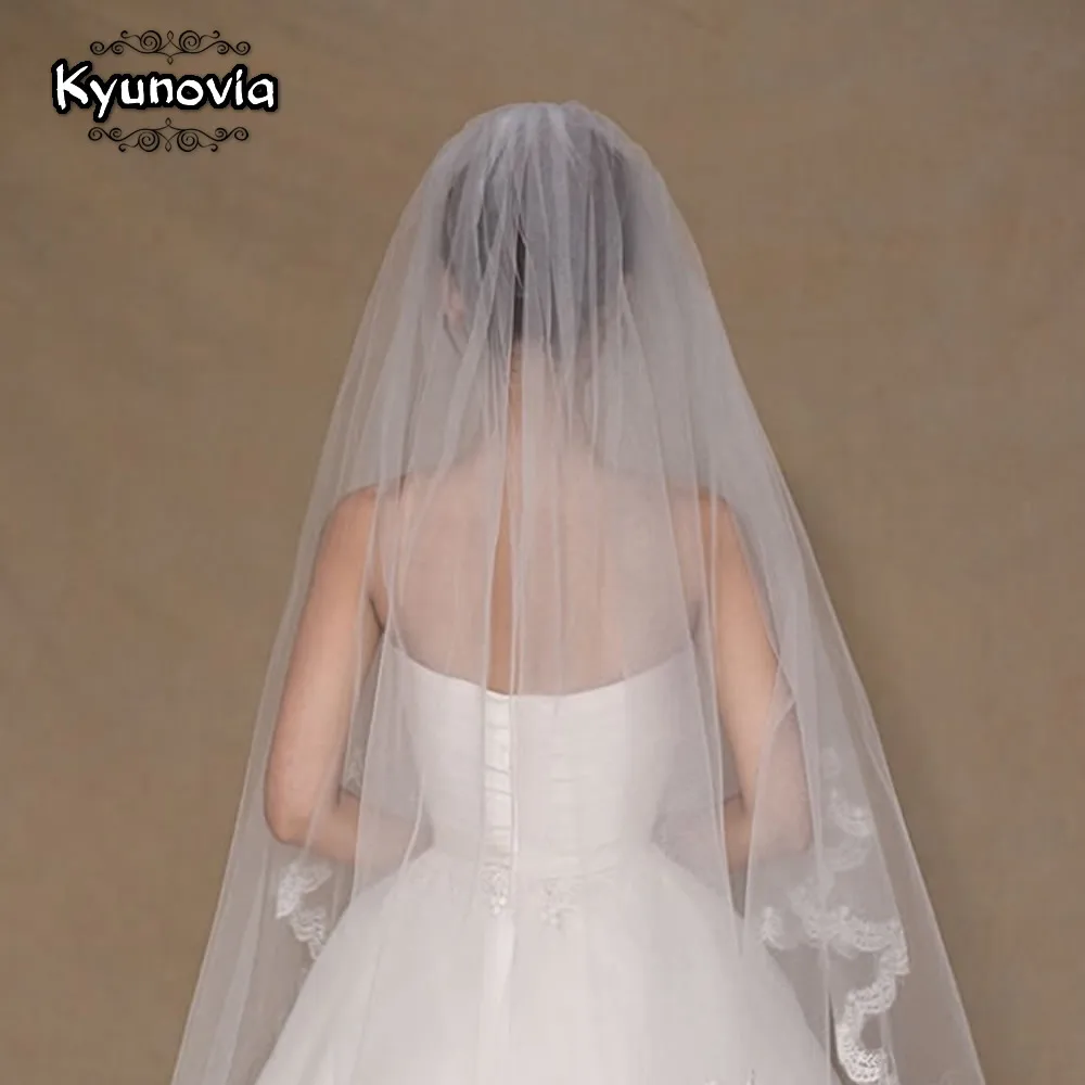 Kyunovia 2 слоя Фата красивые белые собор короткие свадебная фата с кружевным краем