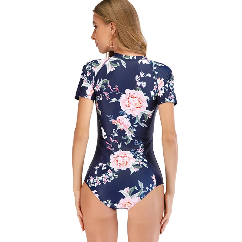 Women Diving Short Sleeve Zipper Rashguard One-piece Swimsuit Surfing Top Rash Guard Sport wear S-2XL UPF50+