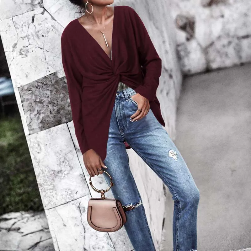 Сексуальные V образным вырезом Blusas Feminina женские с длинным рукавом скрученные асимметричные топы размера плюс Туника Рубашки Блузки на каждый день размера плюс