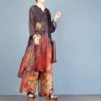 

Spring and Summer 2020 New Large Size Dress Tencel Printed Loose Mom Temperament Suit Shirt Wide Leg Pants Two-Piece Set