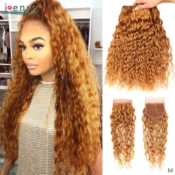 

I-envy Blonde Water Wave Bundles With Closure Brazilian Hair Weave Bundles #27 Colored Human Hair Bundles With Closure Non-remy