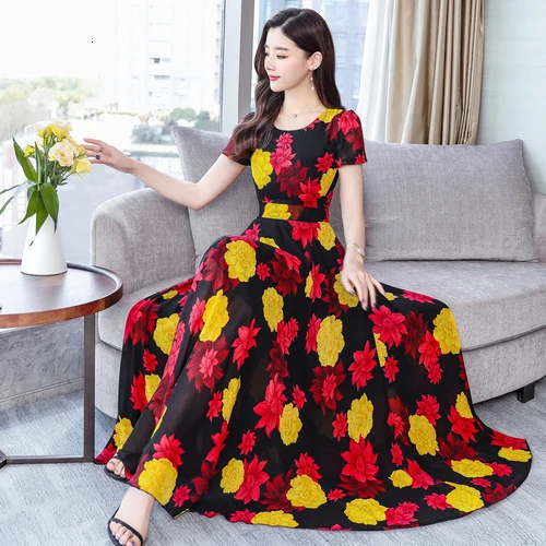 

Summer Dress 2019 Printed Chiffon Women Maxi Dresses Short Sleeve Beach Style Holiday Plus Size Yellow Dress Fashion Causal