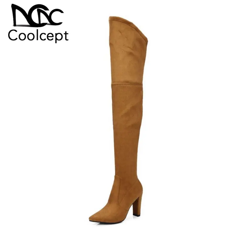 

Coolcept 5 Color Size 34-43 Women High Heel Boots Over Knee Shoes Pointed Toe Fashion Ladies Flock Botas Side Zipper Footwear