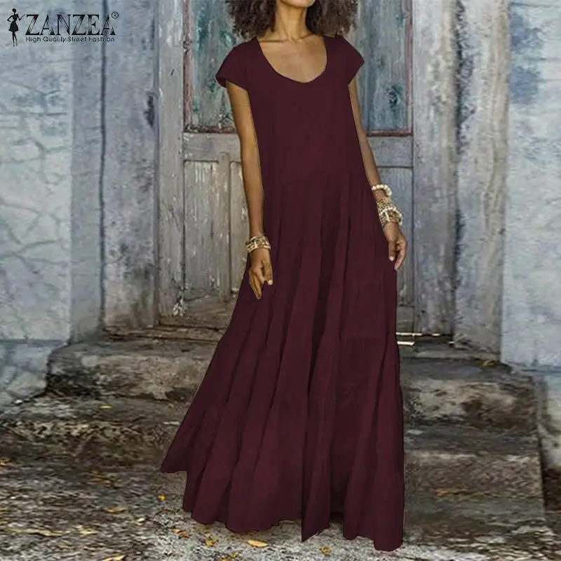 ZANZEA летнее платье с оборками элегантное женское с коротким рукавом однотонное хлопковое льняное сарафан Femme Robe вечерние длинные платья свободного кроя