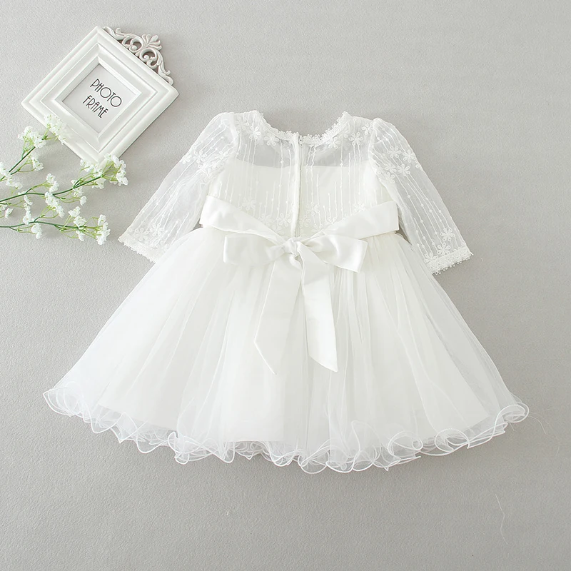 

Baby Baptism Outfits Flower Girl Tulle Lace Dress Pearl Beaded Waistband Princess Girl First Birthday Dress Christening Gown