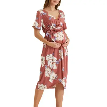 

Floral Print Maternity Dress V-neck Short Sleeve High Waist With Belt Pregnancy Dresses Summer Maternity Nursing Dress #20