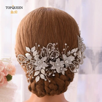 

TOPQUEEN Silver Alloy Leaf Wedding Headband Floral Bridal Headpieces Diamond Chain Bridal Crown Hair Jewelry Women Tiara HP282