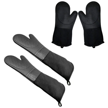 

2x Silicone Oven Mitts Baking Gloves Elbow Length Heat Resistant Gloves Black & 1 Pair Silicone Oven Mitts Baking Gloves