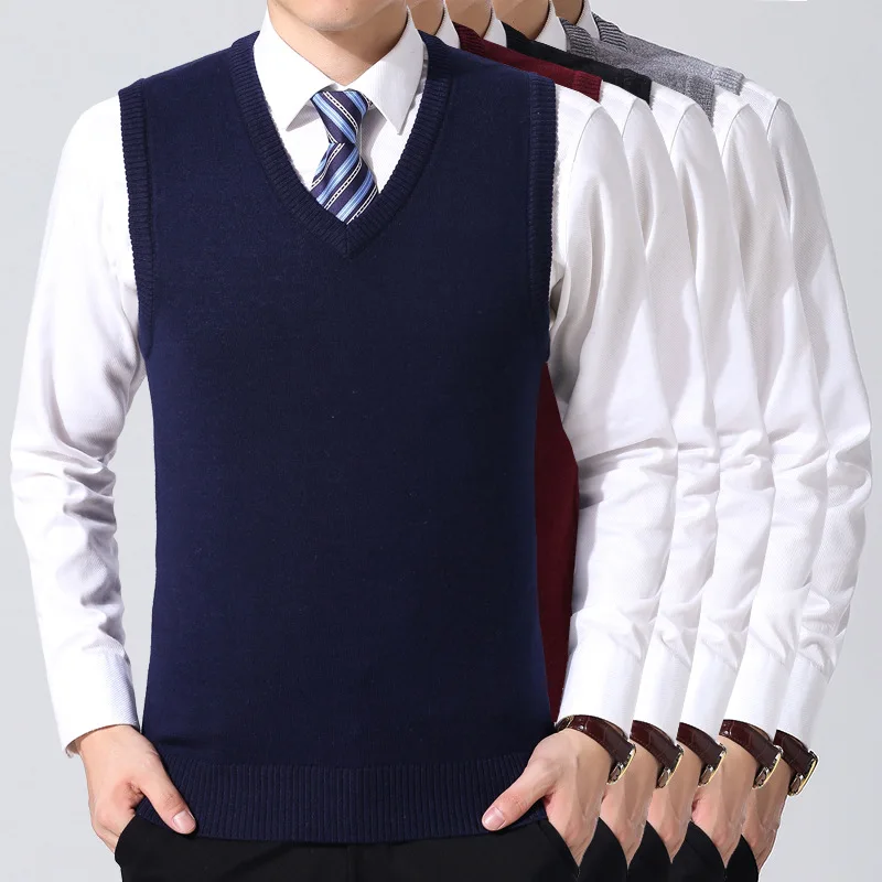

Mens Knitted Pullover V-Neck Sleeveless Formal Business Casual Sweater Men Spring Thin Classic Solid Sweaters Vest Pull Homme