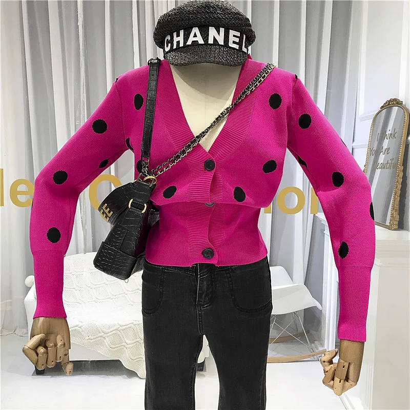 

Korean Fashion Dot Ingle Breasted Female Cardigan Fall High Street Women's Free Knitted Sweater women's sweaters long sleeves