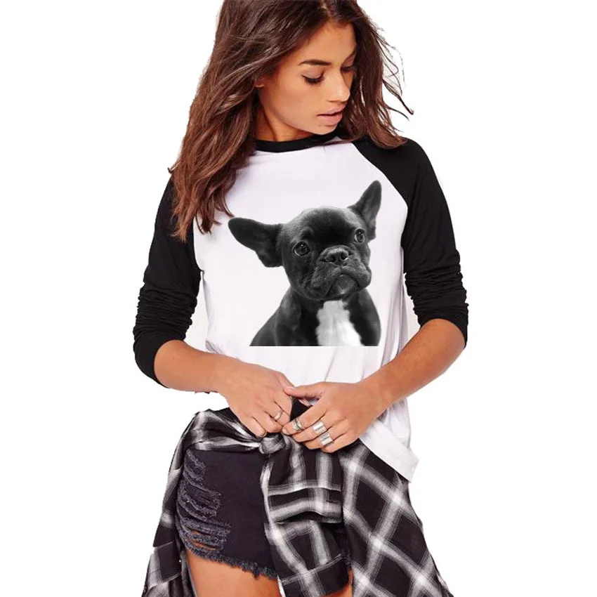 

2018 Autumn Women's Modal Elastic Comfortable Long Sleeve Printed Black France Bulldog T-shirt Occident Fashion