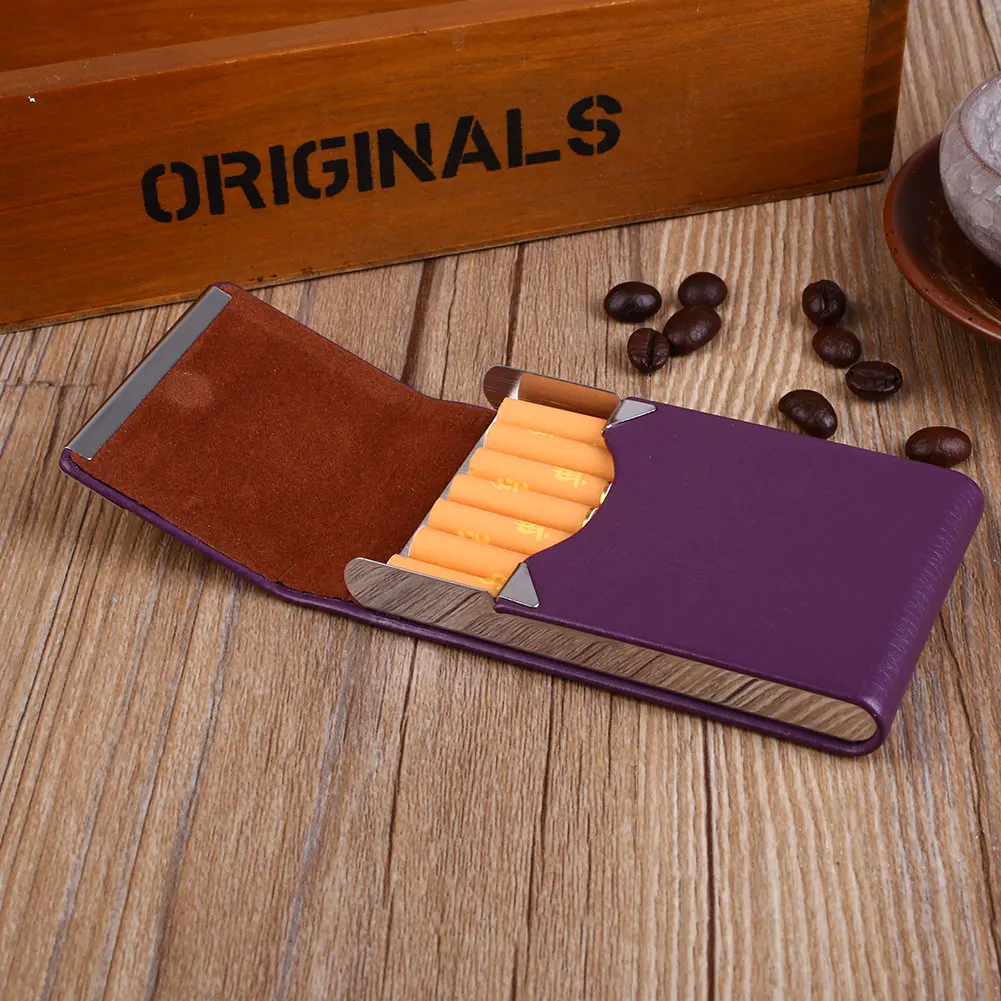 Purple Коробка для сигарет из кожи ПУ, инструмент для сигарет, металлические зажигалки для сигарет, чехол для сигарет, классический подарок для курения - Цвет: Purple