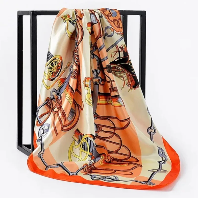 Классическая мода 90*90 см летние женские шелковые платки шарфы квадратный шарф Дамская пляжная шаль Бандана большой хиджаб платок Муфельная - Цвет: 23