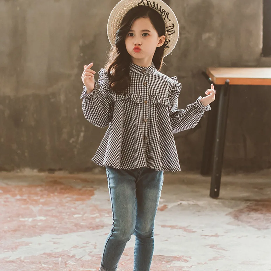 

Girls Blouse Plaid Pattern Blouse Girl In School Ruffle Blouse Long Sleeve Spring Autumn Children Shirt