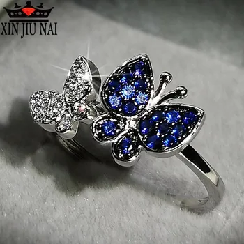 

New fashion city personality super flash diamond double butterfly sapphire ring women's dazzling luxury jewelry accessories