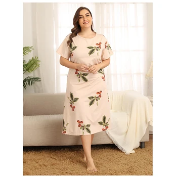 

Large Size Floral Print Night Dress Short Sleeve Sleepwear Nightgown Women Nightwear Nightshirt Night Gown Loose Long Dress New