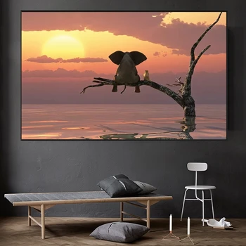 Elephant and Dog Enjoying the View Paintings Printed on Canvas 2