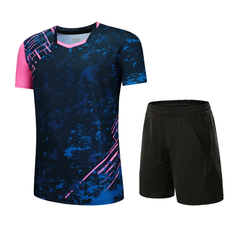 Men Navy A Set Костюм для бадминтона, мужская и женская летняя футболка с коротким рукавом, Спортивная футболка для настольного тенниса - Цвет: Men Navy A Set