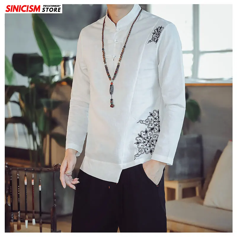 Sinicism Store мужские рубашки с длинными рукавами и вышивкой, Мужская Осенняя винтажная Китайская одежда, Мужская свободная приталенная рубашка оверсайз