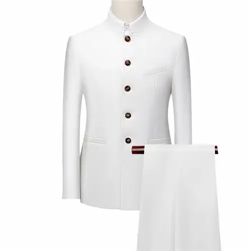 Men's White Single Breasted Stand Up Collar Suit 2-Piece, Chinese Style Red Slim-Fit Blazer Coat and Pants, Black, Blue, Yellow. - Image 14