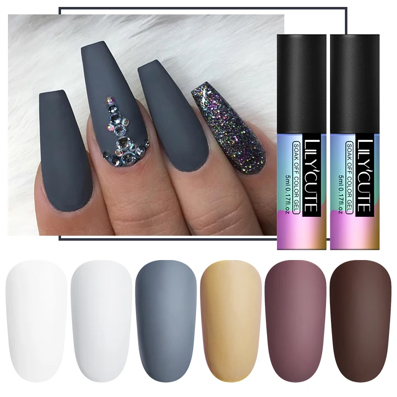 LILYCUTE 5ml Matte Gel Polish Soak Off UV LED Gel Varnish Long Lasting Grey Pure Nail Color UV Nail Gel Varnish DIY Art Design