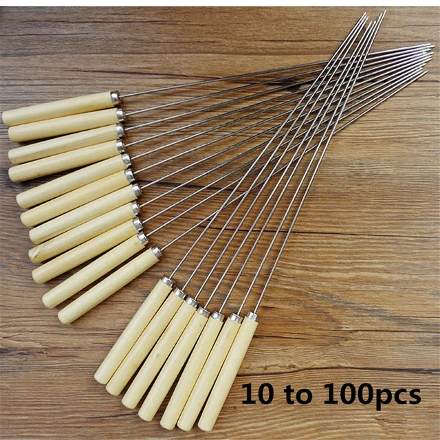 10 Darabos Kültéri Piknik Bbq Grill Sült Pálca Rozsdamentes Acél Tű Fa Fogantyúval Brochette Tong Kebabe Szerszámok