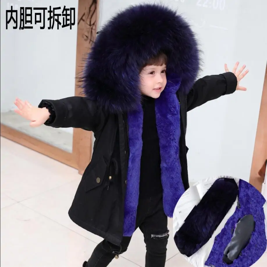 KCX black blue Г. Осенне-зимнее Детское пальто с капюшоном для девочек и мальчиков, Толстая теплая искусственная подкладка из кроличьего меха Рекс модные подростковые парки верхняя одежда K189 - Цвет: KCX black blue