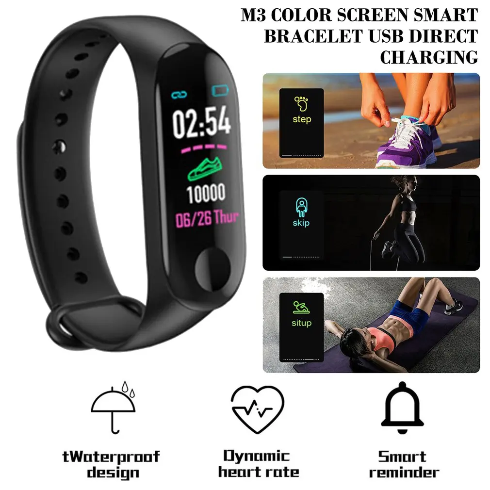 Bluetooth M3 умные часы с пульсометром, монитор артериального давления, будильник, шагомер, браслет для мужчин и женщин