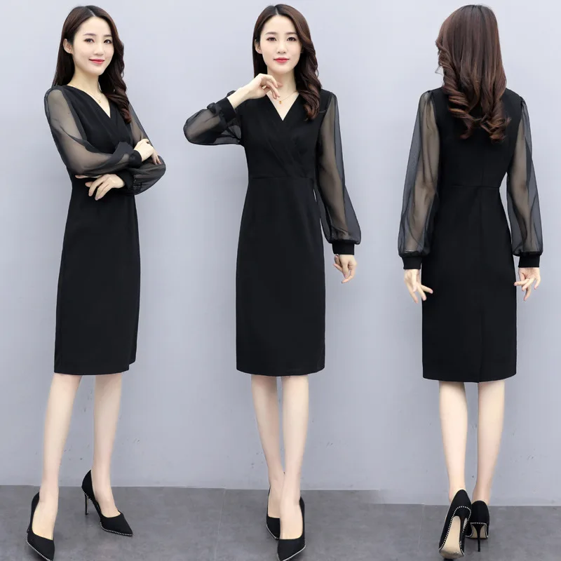

2020 Early Spring New Style V-neck Chiffon Long Sleeve Literature And Art Sweet Elegant Slim Fit A- line Mid-length Dress