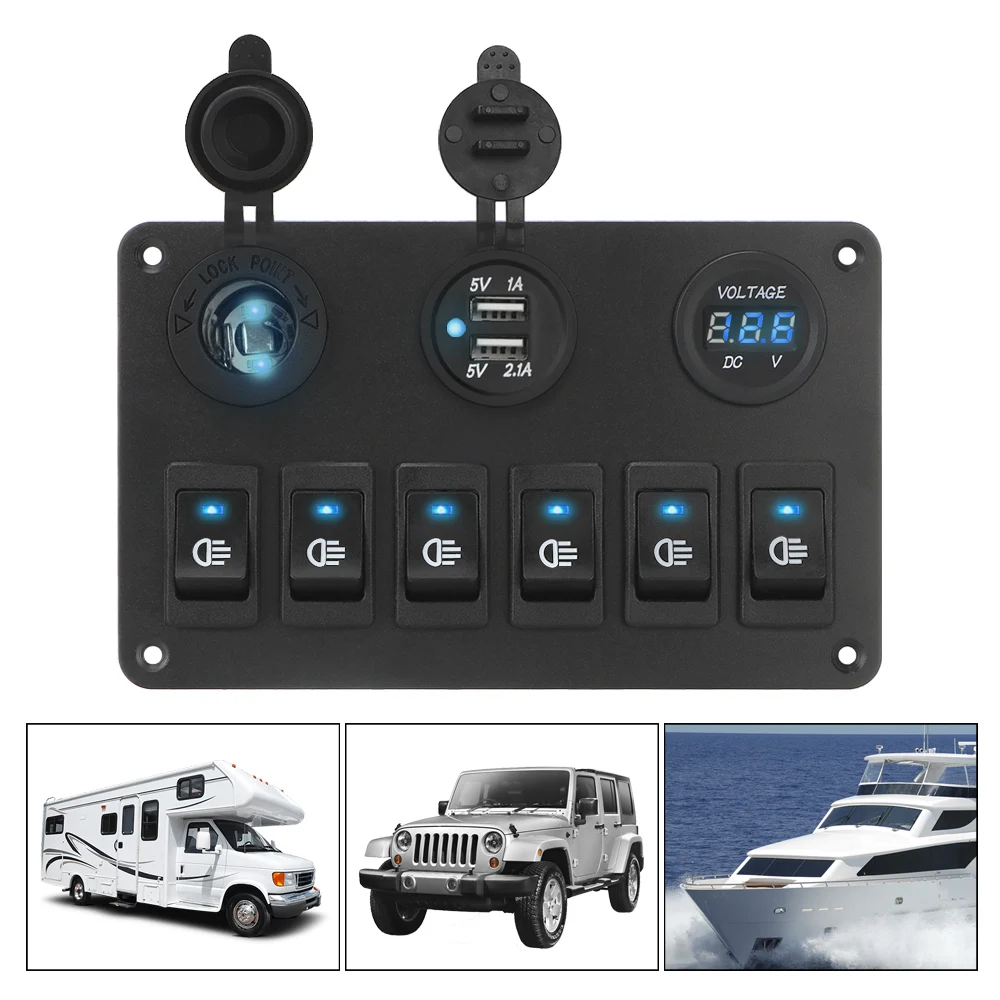 

LED Digital Voltmeter Waterproof Car Marine Circuit Breaker 6 Gang Rocker Switch Panel DC 12V/24V Dual USB Ports ON/OFF Lights
