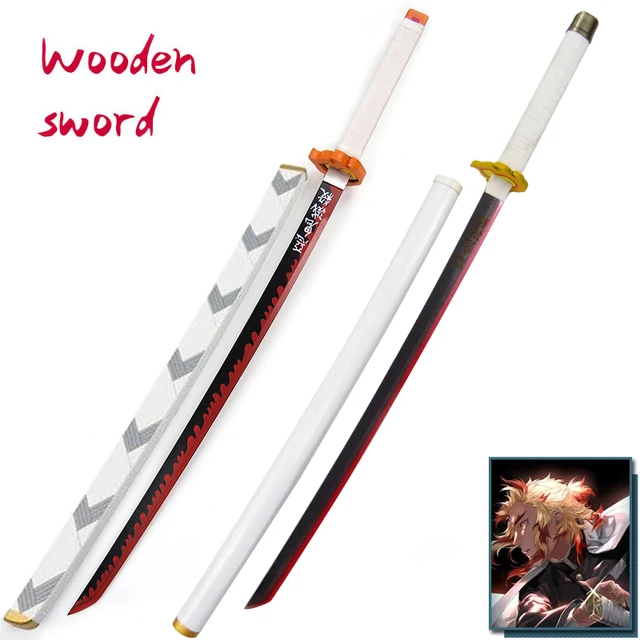 Cosplay rengoku kyoujurou fogo branco sowrd demônio slayer espada arma  kimetsu não yaiba ninja faca madeira prop modelo brinquedo 80cm 1:1