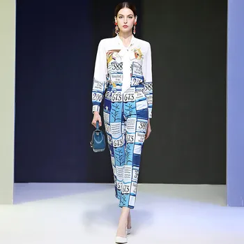 

2020 New Spring Women Runway Set Elegant Lady Pants 2Piece Set Bow Neck Print Blouse and Pants Suit Set Casual Twinset