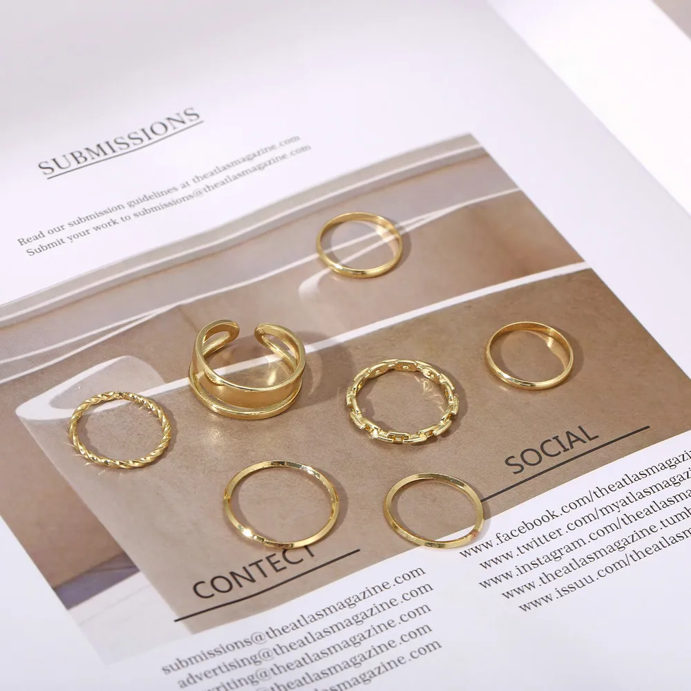 7pcs Fashion Jewelry Rings Set Metal Alloy Hollow Round Opening Women Finger For Girl Lady Party Wedding Gifts