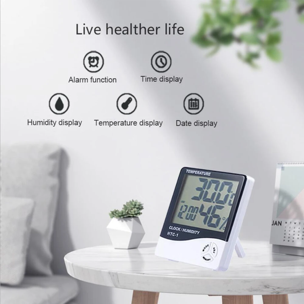 HTC-1 Thermo-Hygrometer LCD Electronic Large-Screen Digital Display Indoor Household Weather Station Clock Thermometer | Инструменты