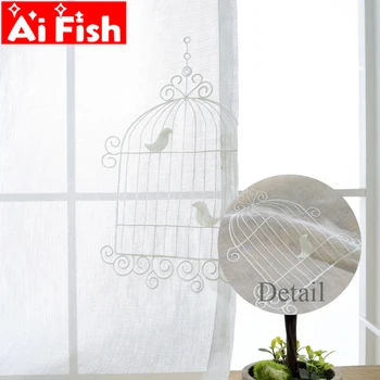 

White Embroidery Bird Tulle Curtains For Kids' Bedroom Simple Cotton and linen Curtain Fabrics Sheer with Birdcage WP008 *30