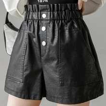 

LJSXLS 2021 Autumn Winter Womens High Waist Loose Korean Style Elastic Wide Leg Black Shorts Pockets PU Leather Shorts Women