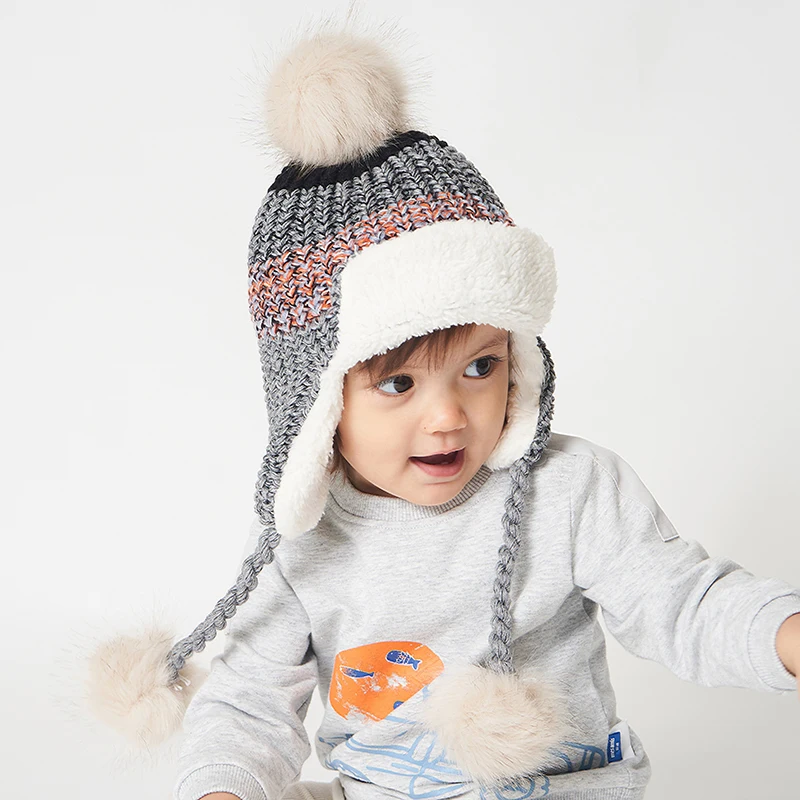 

Earflap Hat Boy Winter Girl Beanie Pompom Knit Fleece Lining Autumn Warm Skiing Outdoor Head Accessory For Baby Toddlers