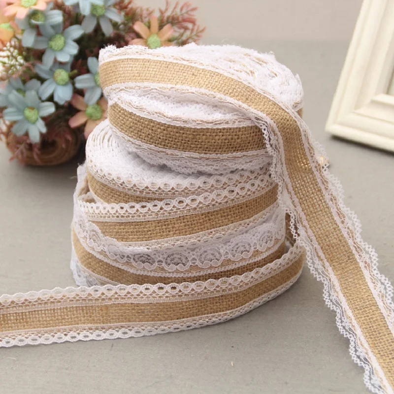 23 2Meter/Lot 25mm Natural Jute Burlap Hessian Lace Ribbon with White Trim Edge Rustic Vintage Wedding Centerpieces Decor | Дом и сад