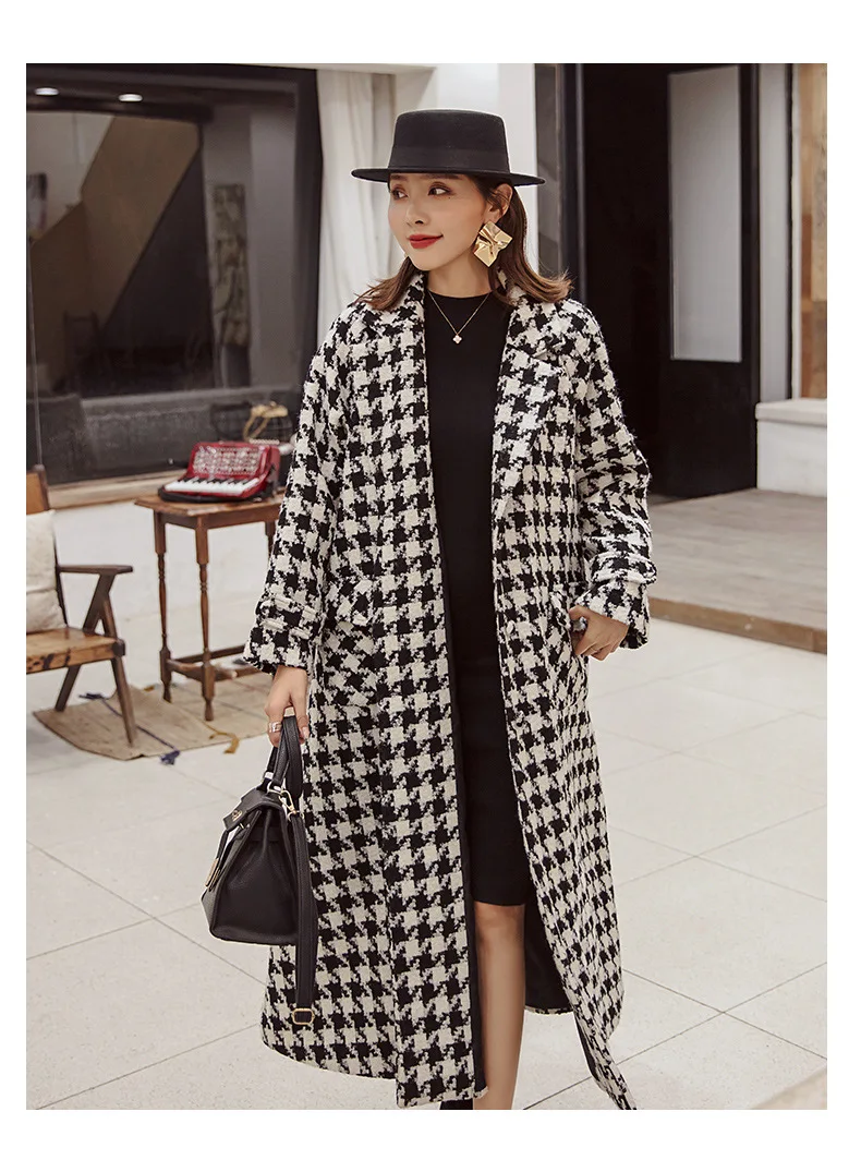 Женское зимнее длинное пальто для подиума, фирменное Женское пальто, бежевое клетчатое пальто, черное твидовое пальто с рисунком "гусиная лапка", дизайнерское шерстяное роскошное пальто