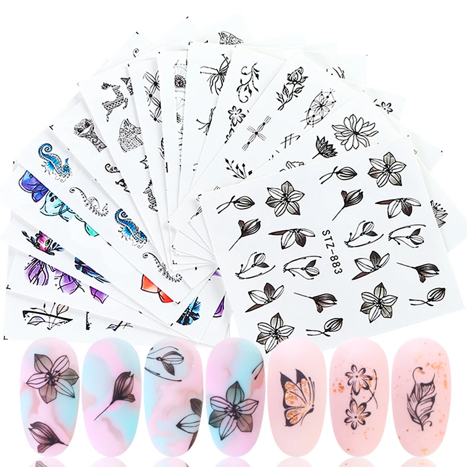 14pcs Watercolor Floral Flower Nail Sticker Set Lotus Butterfly Cute Animals Water Decals Nails Tattoos Manicure SASTZ880-902