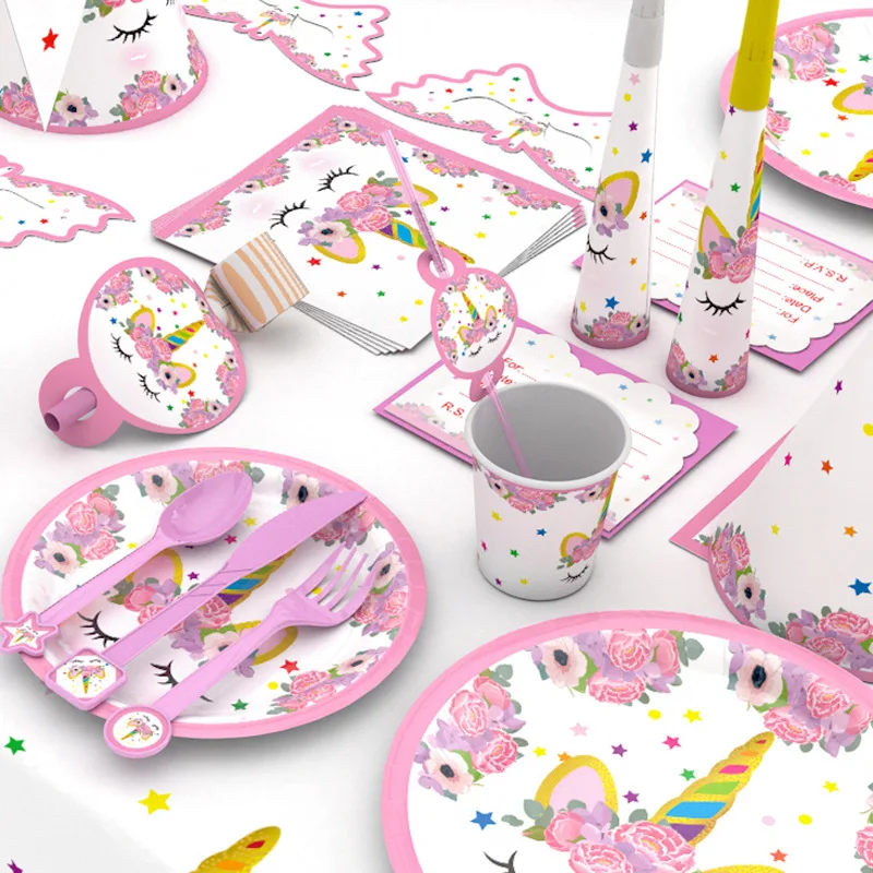 Набор для декорации дня рождения единорога, одноразовый набор столовых приборов, чашки единорога, тарелки, салфетки, детские вечерние принадлежности на день рождения, Unicornio, новинка