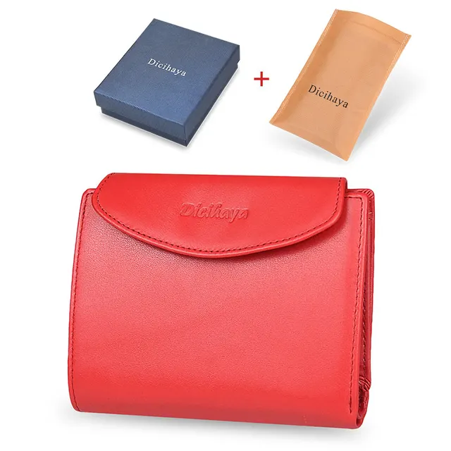 DICIHAYA Genuine Leather Women Wallet Coin Purse For Girls Female Small Portomonee Lady Purse Money Bag Card Holder Mini Clutch red with box
