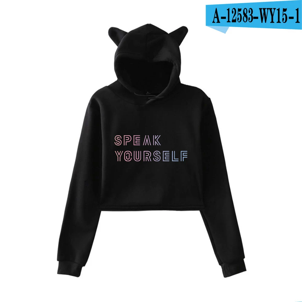 DIY Kpop Кепка с кошачьими ушками сексуальные толстовки модный тренд короткий кошачий Топ Женская толстовка с принтом сексуальная Горячая Kpop одежда BANGTAN - Цвет: black